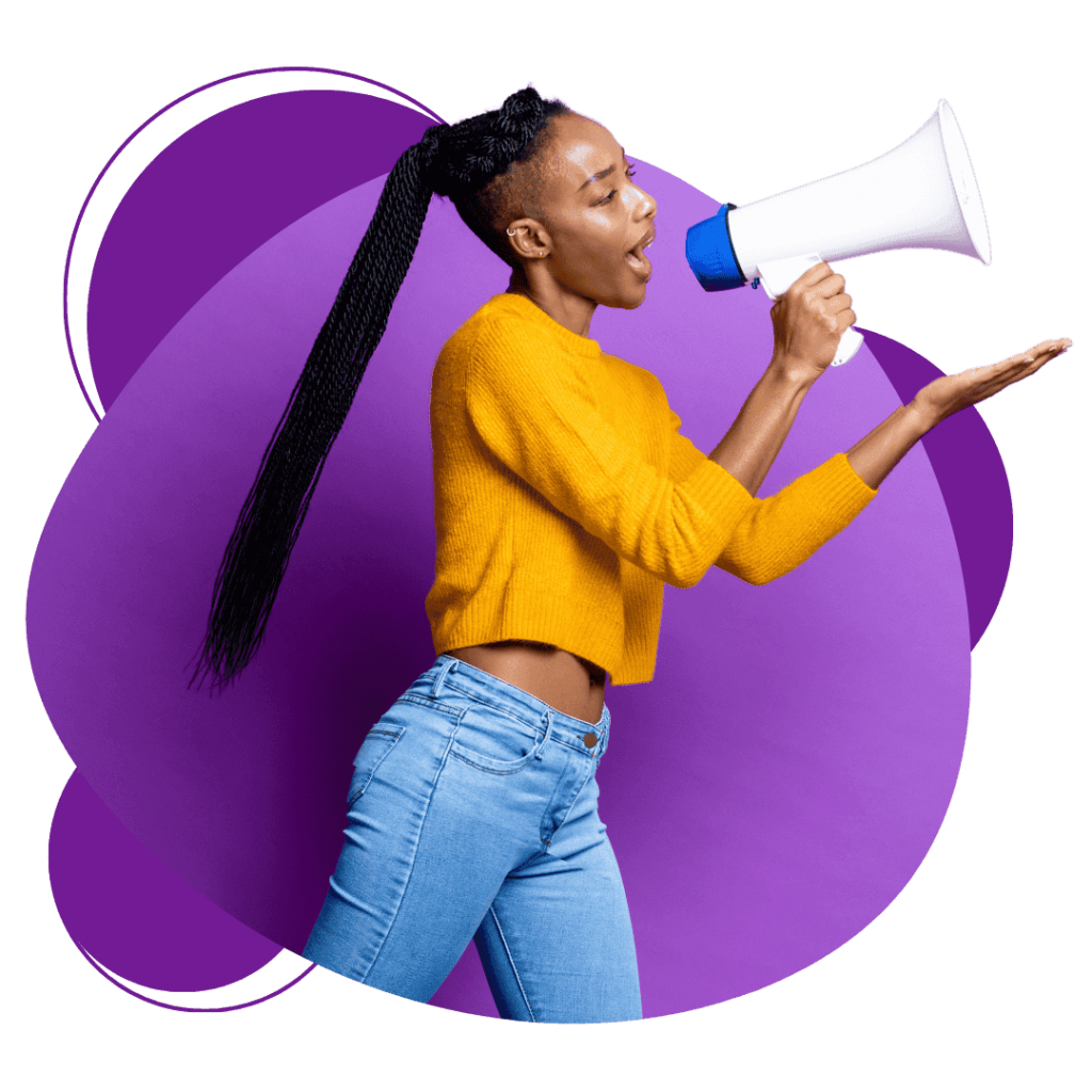 Young woman shouting through a loudspeaker megaphone symbolising a powerful online business directory. Displayed against purple graphics on a transparent background.