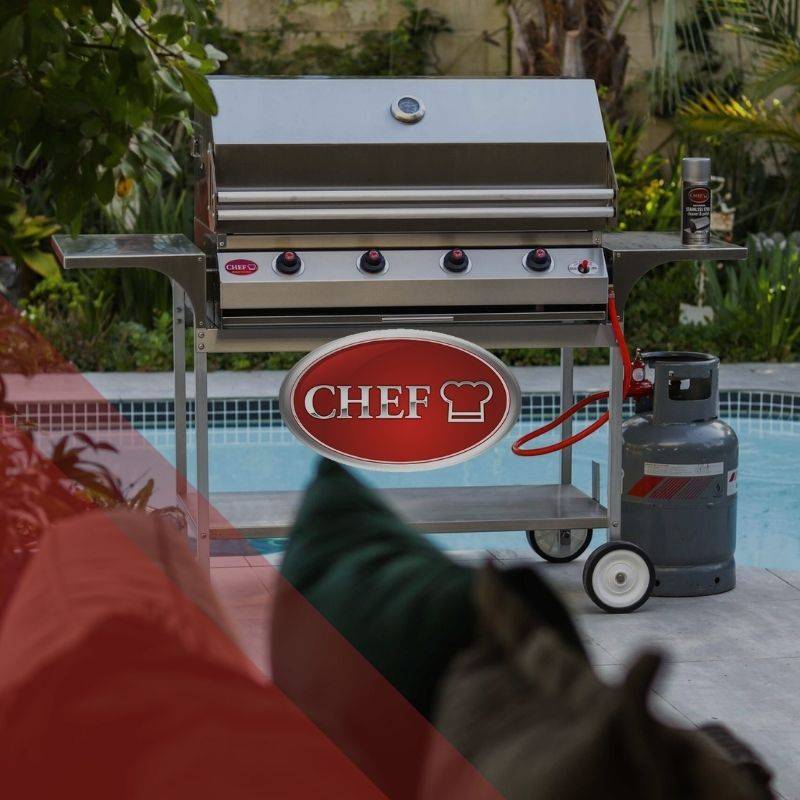 Logo of CHEF, a gas braai company in South Africa, set against an overlay over a photo of a gas braai stand.