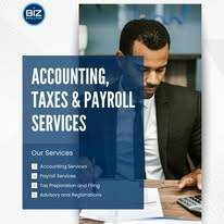 Corporate-style advert from Biz Evolution, accountants in Pretoria, showing an accountant dressed formally managing accounts, with a blue and white overlay displaying the company's services.